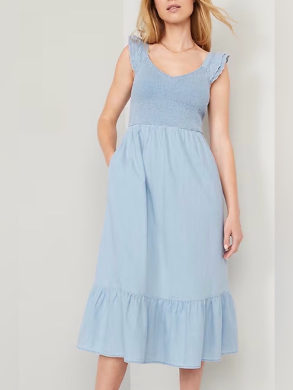 Old Navy Fit Flare Chambray Smocked Midi Dress Blue Cotton Womens XXL Pockets